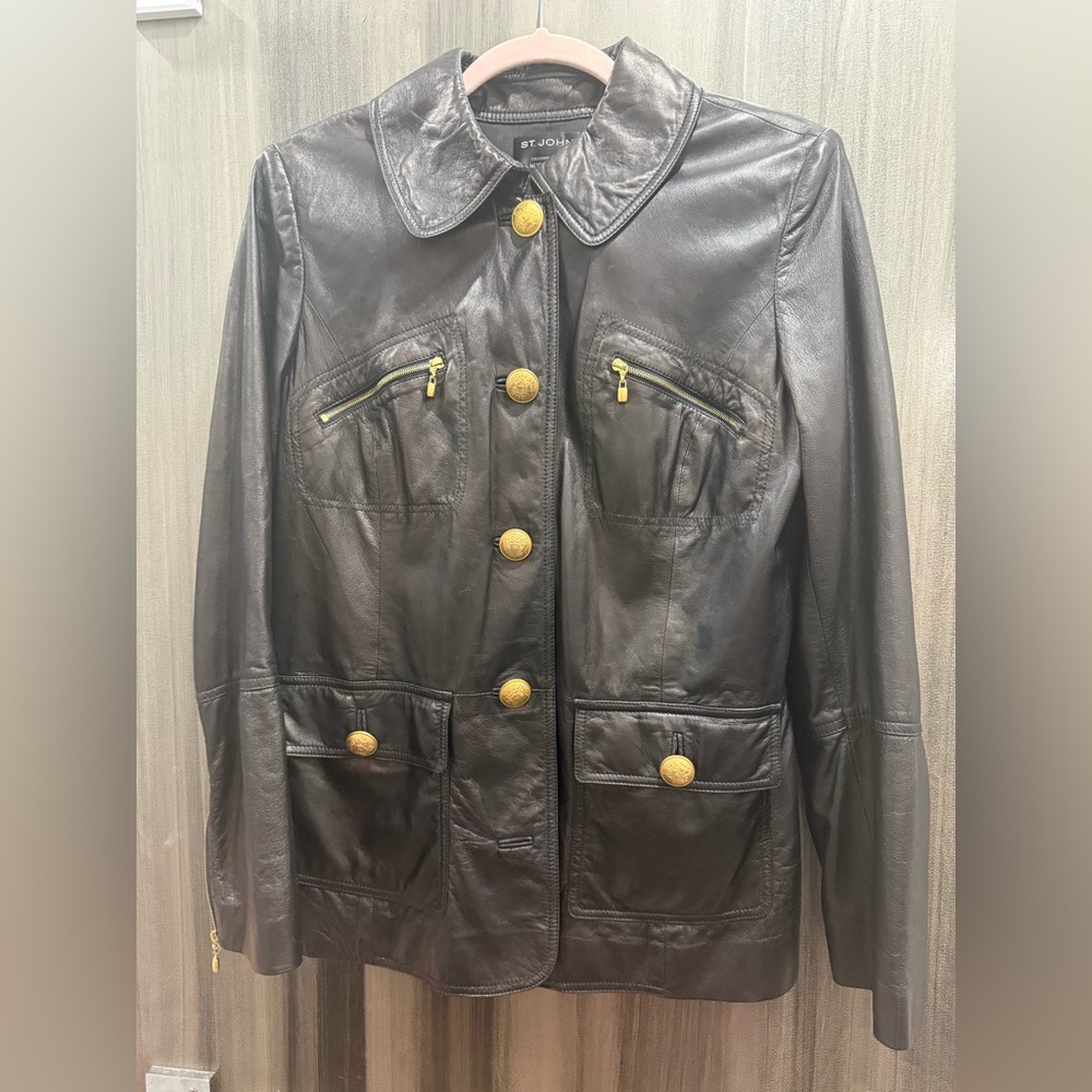 St. John Black Leather Jacket with Gold Accents in size 10
